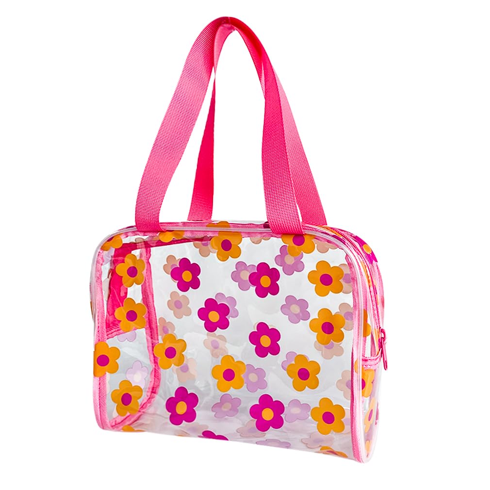 Photo 1 of TotePrint Clear Floral Hand Bag and Travel Cosmetics Pouch with Handle,Durable Waterproof PVC Versatile Smooth Zipper Design (Pink+Yellow)