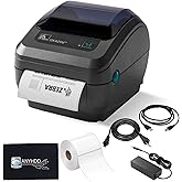 Zebra GK420D Direct Thermal Label & Barcode Printer Bundle - 1 Year Warranty - Ethernet Connectivity Printer with 24V AC Adapter + 4x6 Label Roll + USB 2.0 Cable + Microfiber Cloth (Renewed)