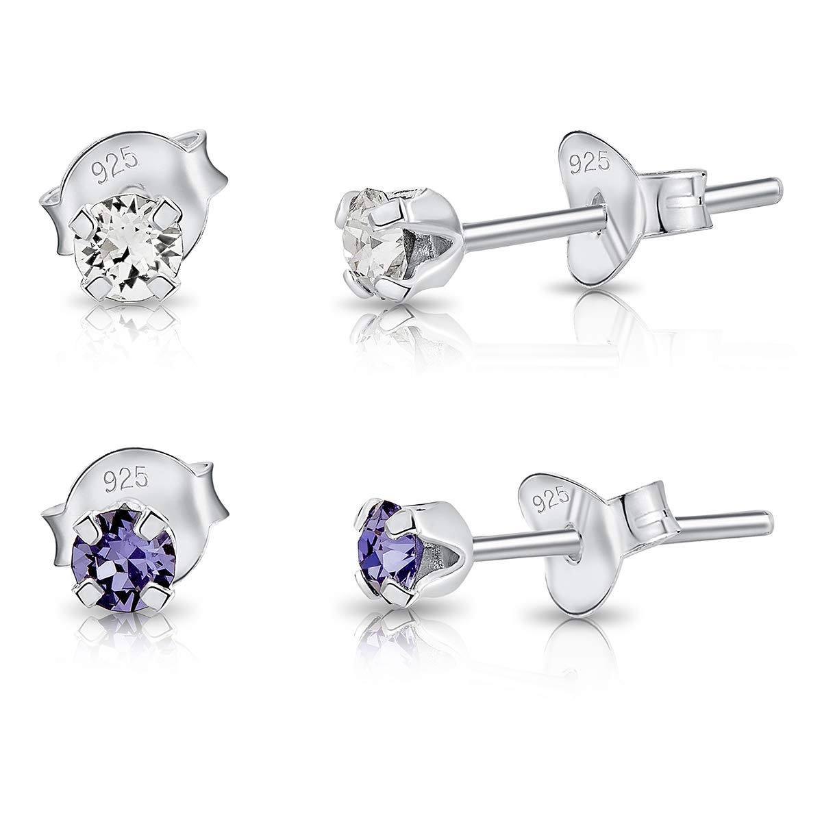 DTPSilver - Set of 2 PAIRS of 925 Sterling Silver Round TINY Stud Earrings made with Glittering Crystals from Swarovski® Elements - Diameter: 3 mm - Colour : Tanzanite