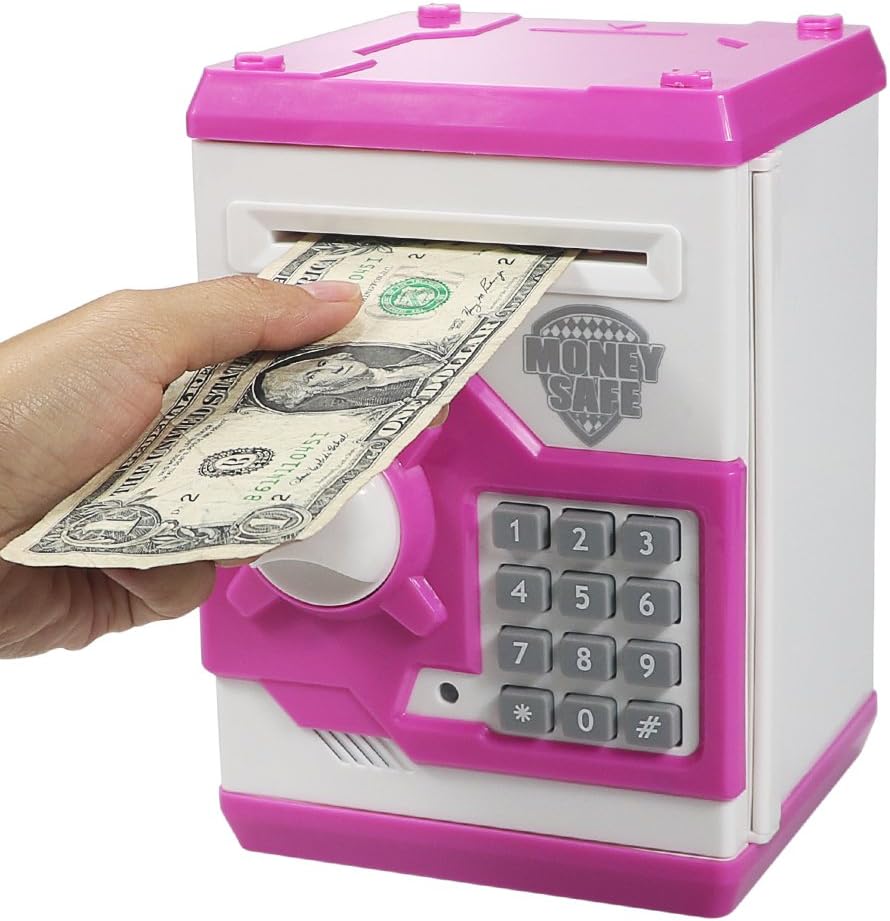 Elemusi Cartoon Electronic Password Mini ATM Piggy Bank Cash Coin Can Auto Scroll Paper Money Saving Box, for Children Kids (Pink)