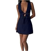 SOLY HUX Women's Denim Mini Dress Deep V Neck Bow Tie Front Sleeveless A Line Summer Jean Dresses