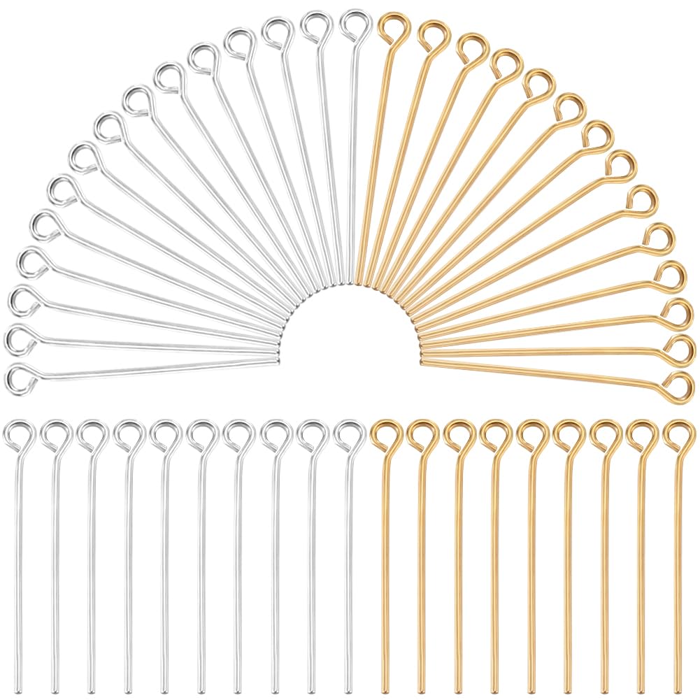 SOFPLATE 600Pcs 0.94in 24mm Eye Pins Long Silver Eye Pin jewellery 21 Gauge Brass Metal Silver Golden Open Eyes Pin for Crafts Earrings Bracelets Necklaces DIY Supplies Findings Accessories Crafts