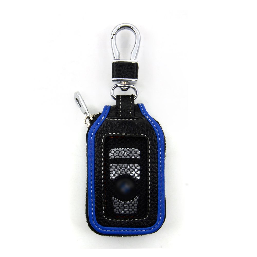 Car Keychain,VSTM Blue Genuine Leather Car Smart Key Chain Coin Holder Metal Hook and Keyring Wallet Zipper Bag for Vehicle Keyless Entry