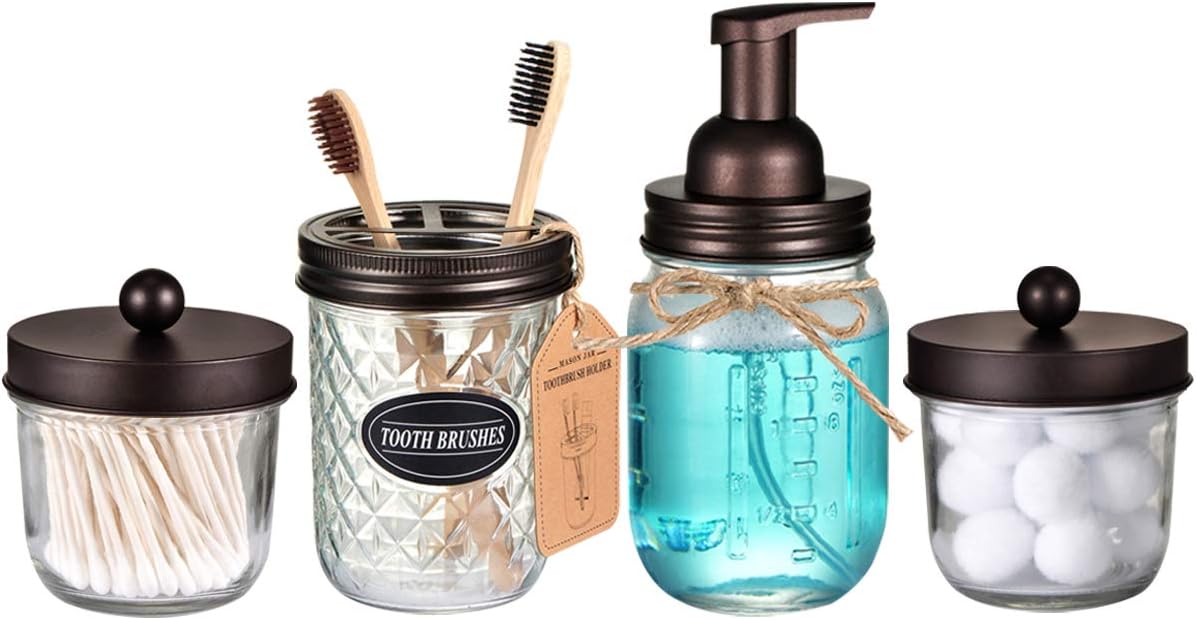 Mason Jar Bathroom Accessories Set(4 Pack) - Foaming Soap Dispenser&Qtip Holder Set&Toothbrush Holder-Rustic Farmhouse Decor Bathroom Organizer Apothecary Jar Country Countertop (Brushed Nickel): Home & Kitchen