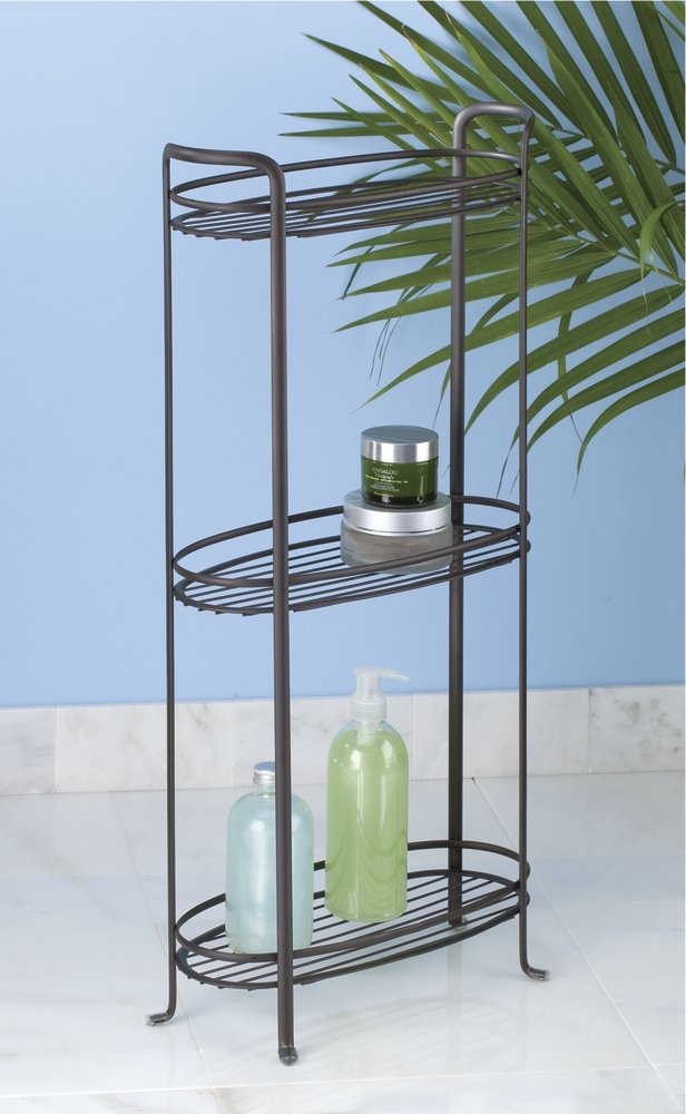 mDesign 3 Tier Vertical Standing Bathroom Shelving Unit, Decorative Metal Storage Organizer Tower Rack with 3 Basket Bins to Hold and Organize Bath Towels, Hand Soap, Toiletries - Bronze