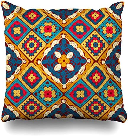 iDecorDesign Throw Pillow Covers Work Pattern Crochet Knitted Wear Folk Flowers Granny Bohemian Border Cheerful Craft Needle Home Decor Pillow Case Square Size 18 x 18 Inches Pillowcase