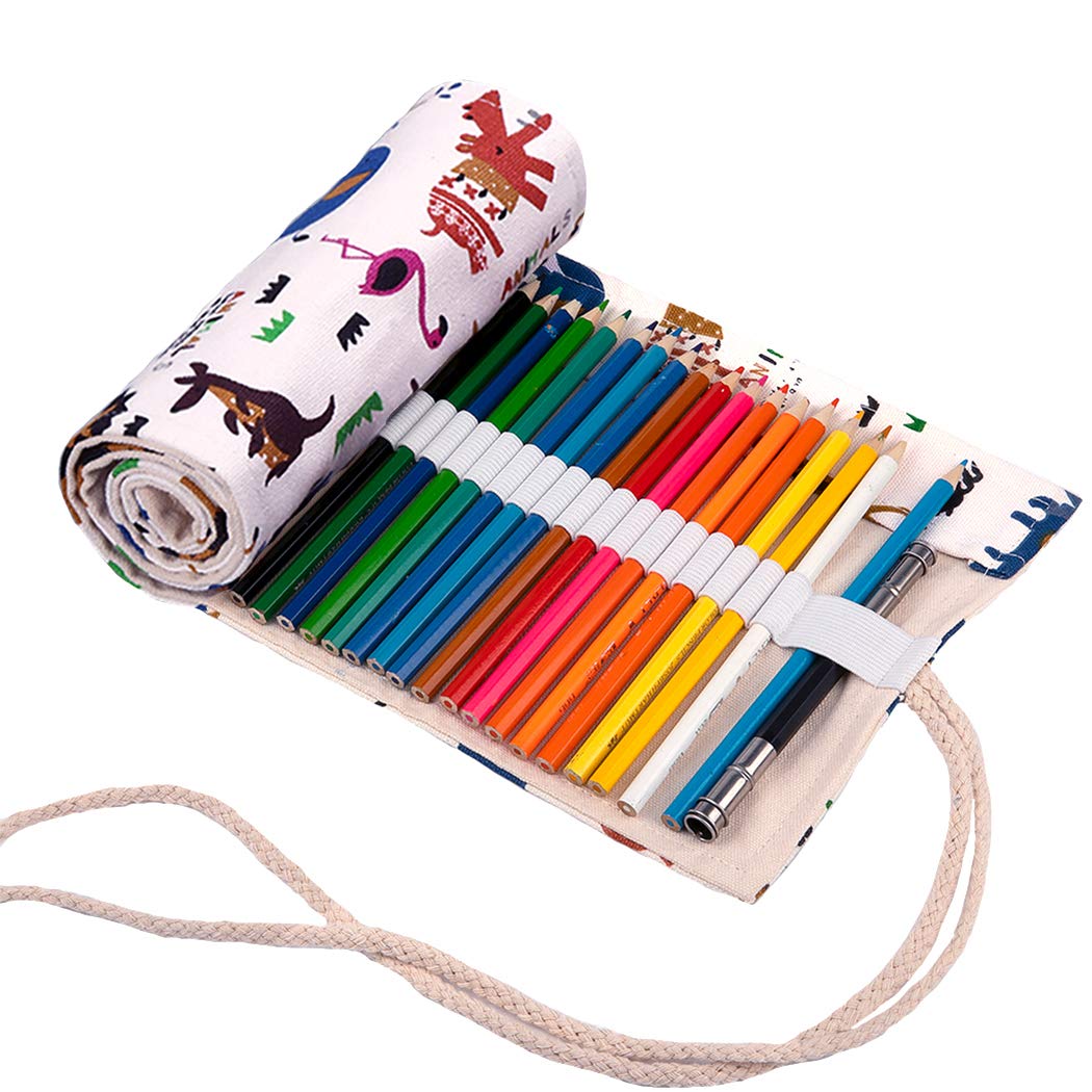 Amoyie Roll Up Pencil Case for 48 Coloured Pencils, Foldable Colouring Pen Organiser Bag, Canvas Coloring Pens Holder, Artist Wrap, Zoo White