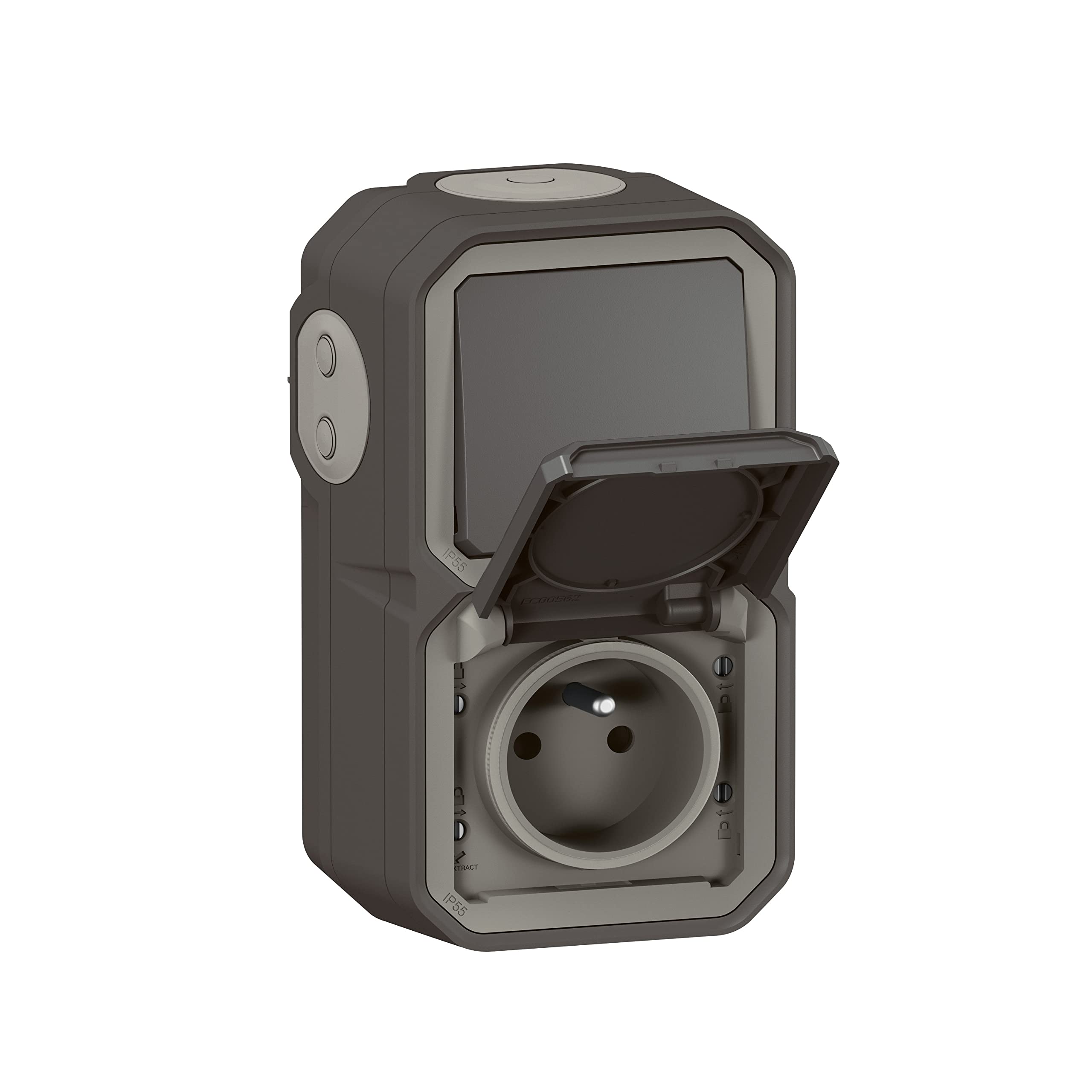 Legrand - Waterproof socket and toggle switch, pre-wired, Plexo for vertical installation, complete for surface mounting, anthracite