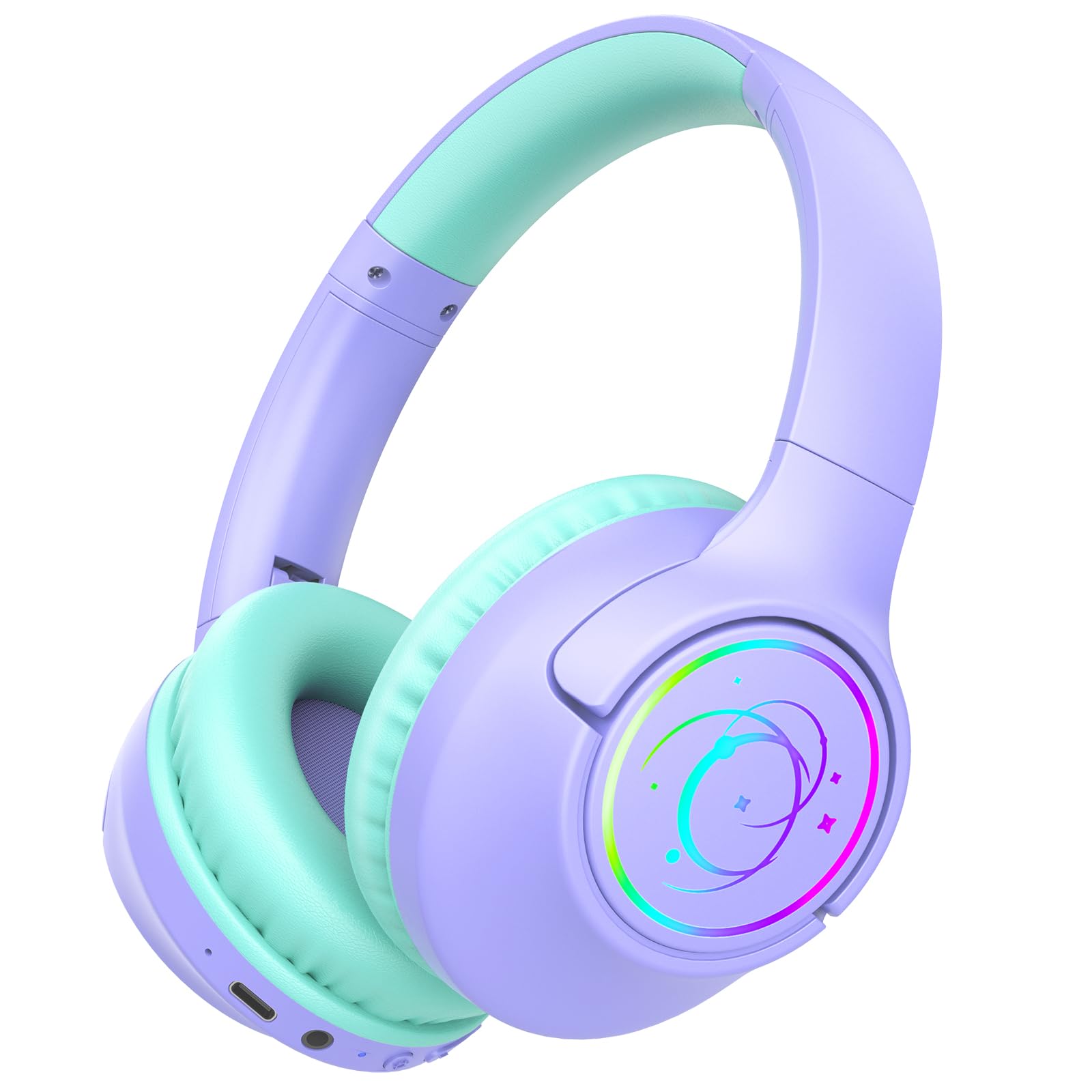 Photo 1 of Kids Bluetooth Headphones, 85H Playtime Wireless Headphones for Kids, Colorful LED Lights, 85/94dB Safe Volume Limit, Bluetooth 5.4 Built-in Mic Toddler Headset for Tablet/Airplane/Travel (Purple)