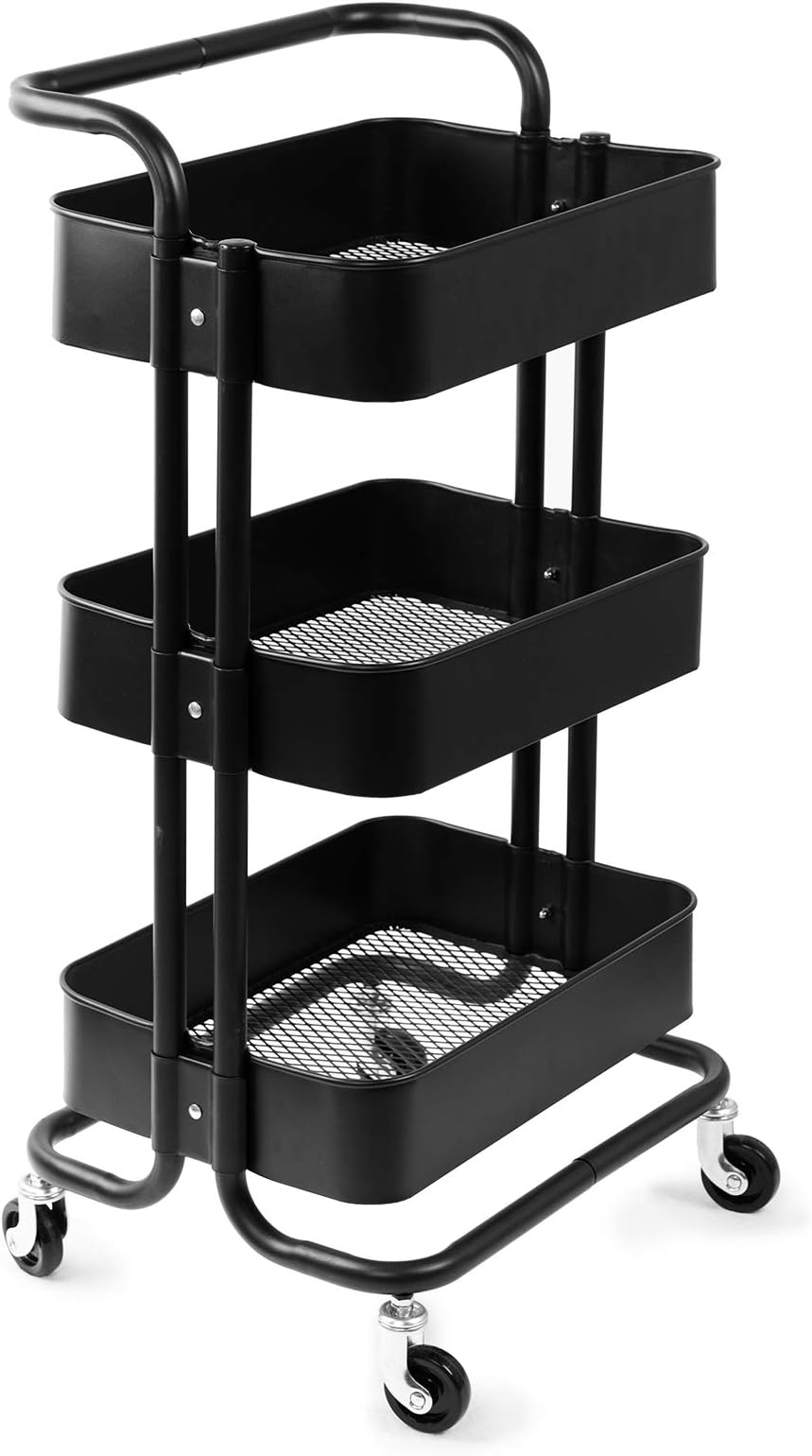 Display4top 3 Tier Rolling Metal Shelving Utility Storage Cart with Wheels, Organizer Trolley，Suitable for Office，Warehouse，Home Kitchen or Outdoor (Black)