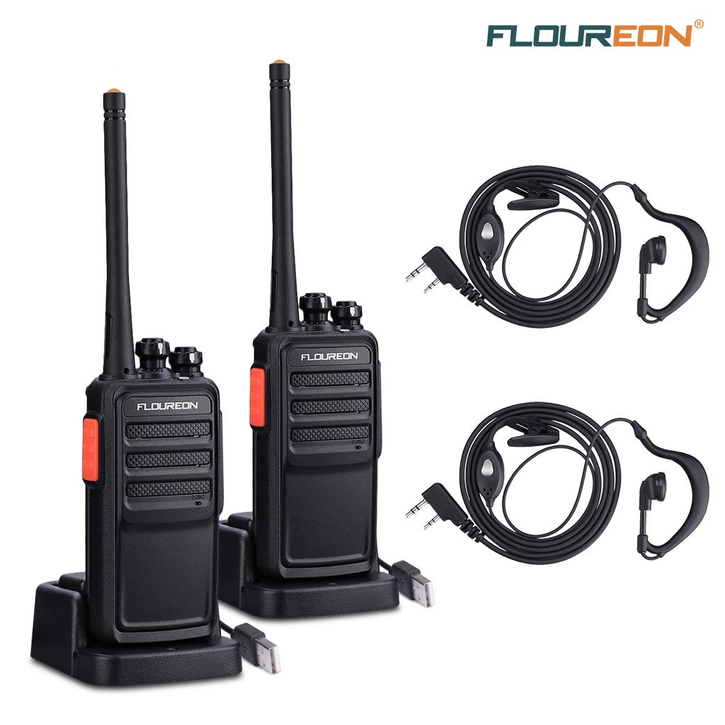 FLOUREON Rechargeable 16 Channel WalkieTalkies PMR 446MHZ License-free Two Way Radio Handheld Transceiver Voice Prompt long Range Interphone Scan TOT with LED Light Earpieces Black 2 Pack