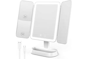FRANO Vanity Mirror with Lights - Rechargeable Lighted Makeup Mirror | 1X/3X/5X Magnification, Smart Touch, 3 Colors Dimmable | Portable Trifold Mirror for Travel for Women and Girls