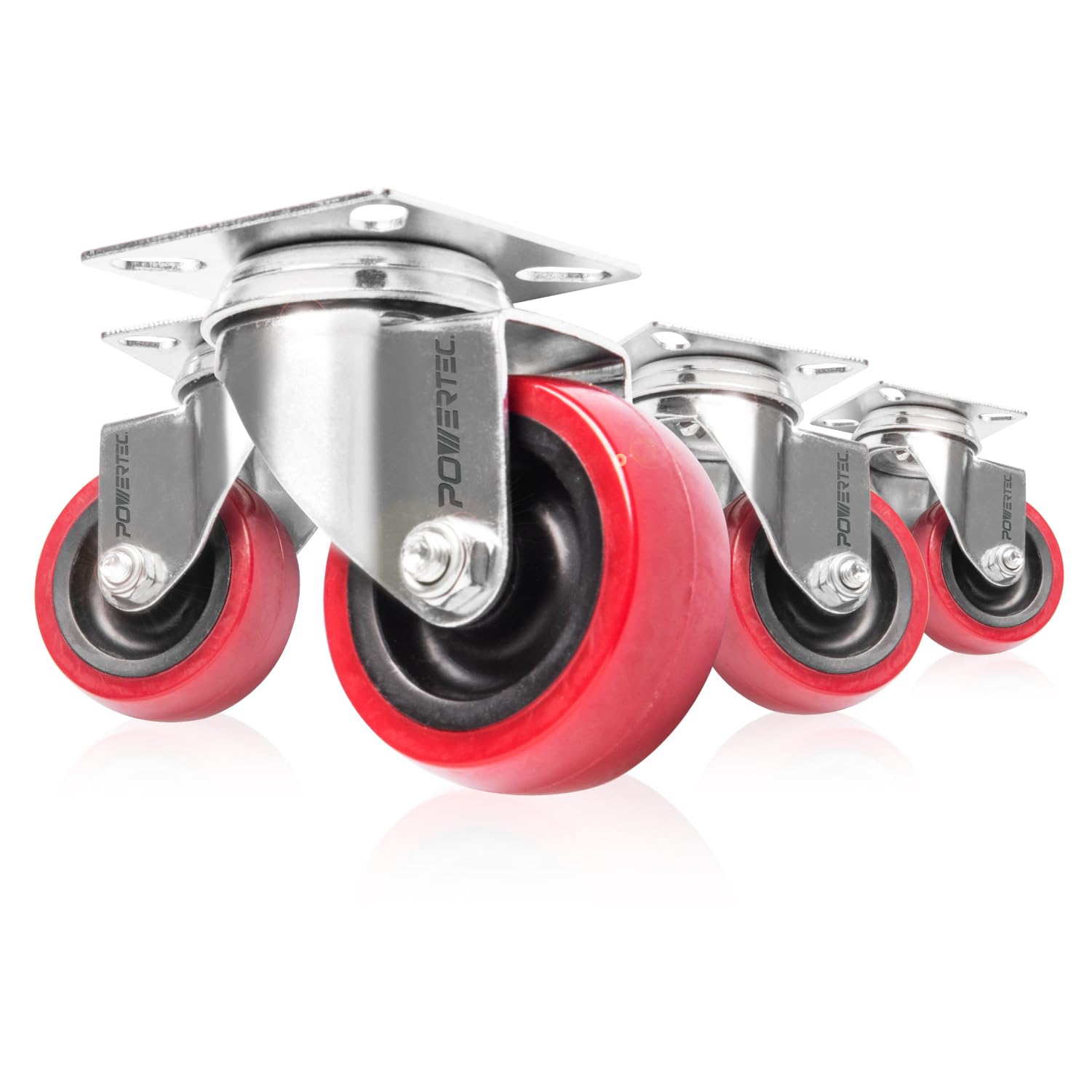 Photo 1 of POWERTEC 2 Inch Swivel Caster Wheels Set of 4 with 400 lbs Loads, Heavy Duty Plate Casters (2 with Brakes & 2 without), PU Castor Wheels for Furniture, Cart, Dolly and Workbenches (17212)