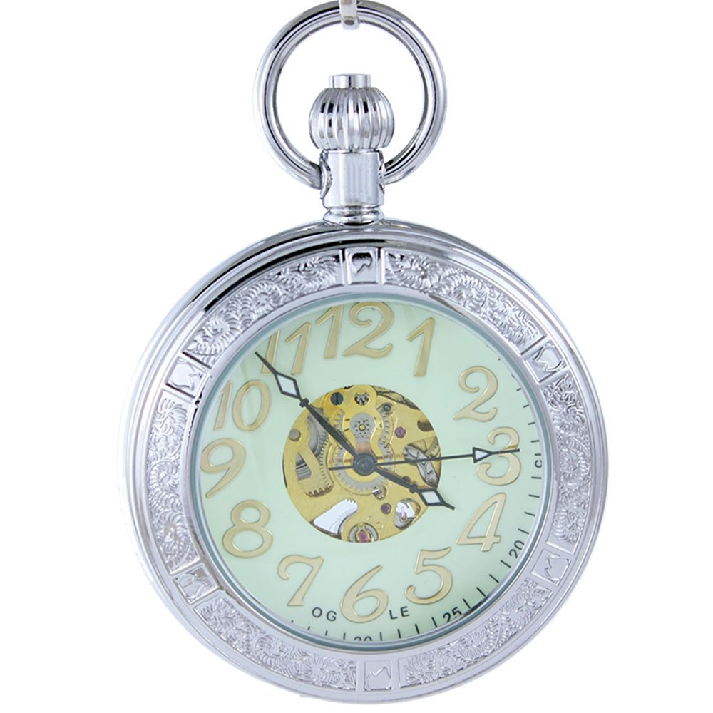 Ogle Waterproof Magnifier Skeleton Silver Luminous Fob Self Winding Automatic Mechanical Pocket Watch