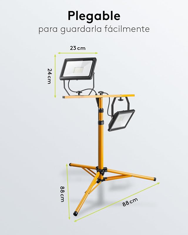 Holofote LED para Construção 49984 - Holofote telescópico de construção (cabeça dupla, para uso interior e exterior, tripé metálico, luz branca fria), preto, amarelo, 2x 50 watts