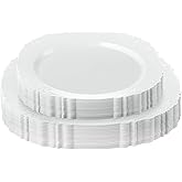 PLASTICPRO 32 Pack Elegant Disposable Plastic Plates Combo Set Includes 16 Dinner Plates and 16 Salad Heavy Duty Fancy Party Plates White Embossed Victorian Design