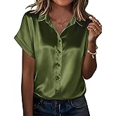 Zeagoo Silk Blouse for Women Short Sleeve Satin Button Down Shirts Casual Loose V-Neck Business Work Tunic Top