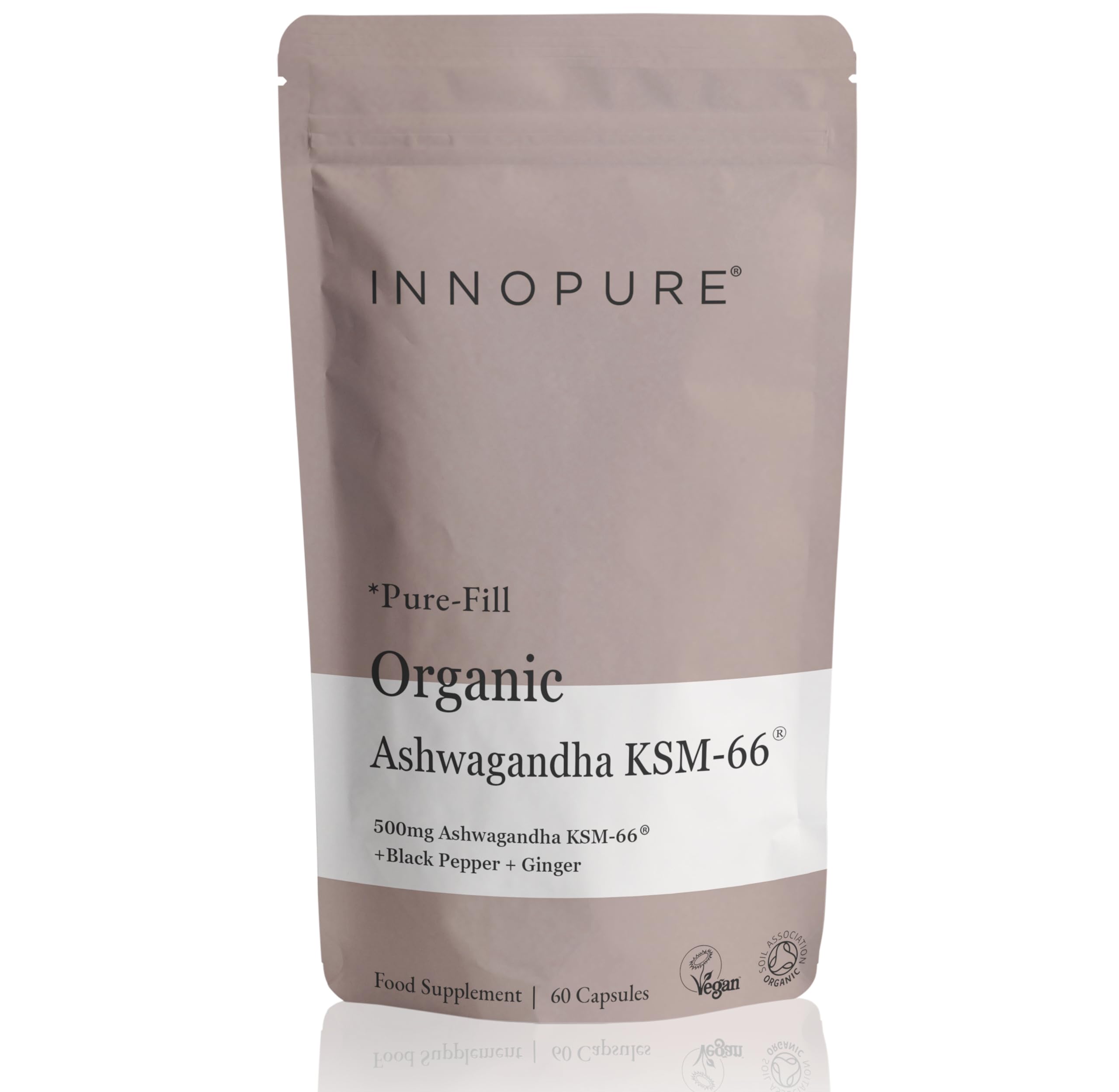 INNOPURE Organic Ashwagandha KSM 66® Pure Fill (No Fillers or Binders) High Strength 500mg of Pure Ashwagandha 5% Withanolides, Organic Ginger & Black Pepper (60 Servings) UK Made