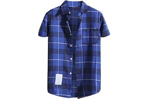 CAOQAO Mens Short Sleeve Pearl Snap Western Cowboy Plaid Shirt with Pocket Button Up Casual Breathable Tops Work Dress Shirts