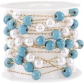Pandahall 6.56 Bohemian Turquoise Beaded Chains Gemstone Rosary Beaded Necklace Chains Gold Plated Glass Beaded Chains for DIY Western Jewelry Making
