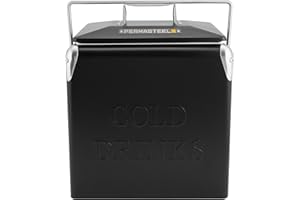 Permasteel 14-Qt Small Retro Vintage Cooler Ice Chest, Hard Metal Portable Beverage Cooler, Personal Cooler for Camping, Beach, and Picnic, Classic Style Ice Chest, Black