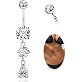 Vegolita 14G G23 Titanium Dangle Belly Button Ring for Women Dangling Navel Rings Hypoallergenic Teardrop Shiny CZ Belly Ring Internally Threaded Navel Piercing Jewelry