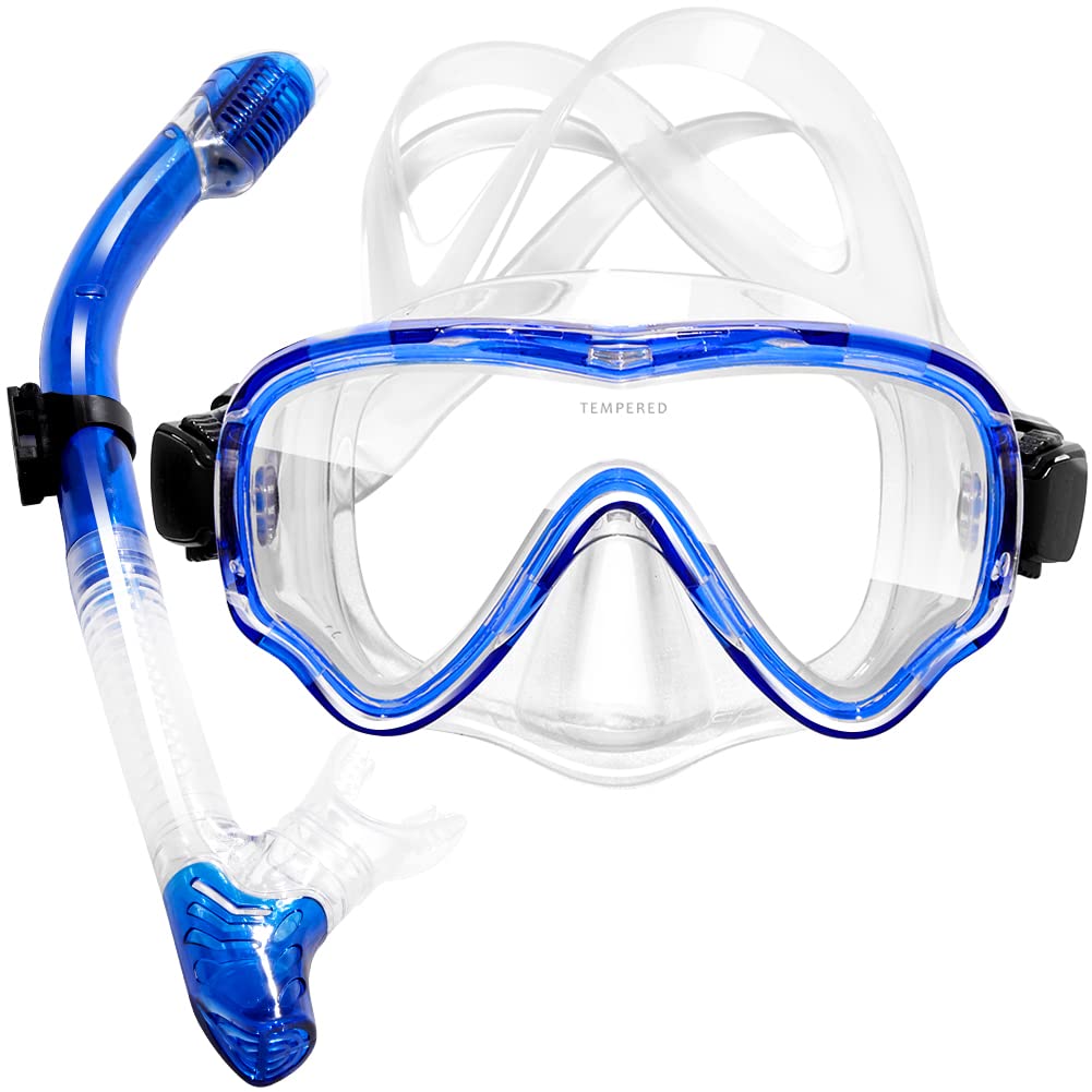 HINATAA Snorkel Set Adults/Kids, Panoramic 180° Wide View Scuba Mask, Anti-Fog Anti-Leak Tempered Glass Safety Scuba Diving Mask, Free Breathing Easy Dry Top Snorkel, Adjustable Strap (Blue/Adult)