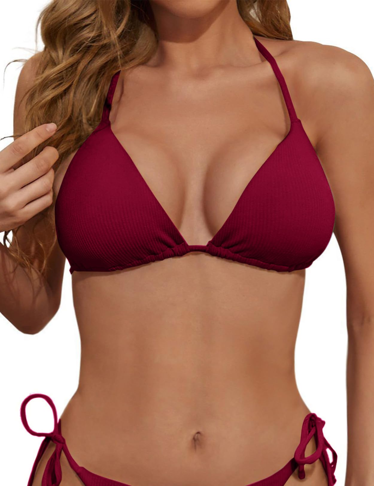 Photo 1 of Zuvebamyo Women's Triangle Bikini Top Ribbed Push up Padded Halter String Bathing Suits Top Wine S