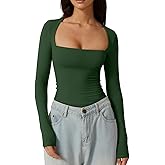QINSEN Women's Sexy Square Neck Shirt Long Sleeve Double Lined Tees Fitted Going Out Tops