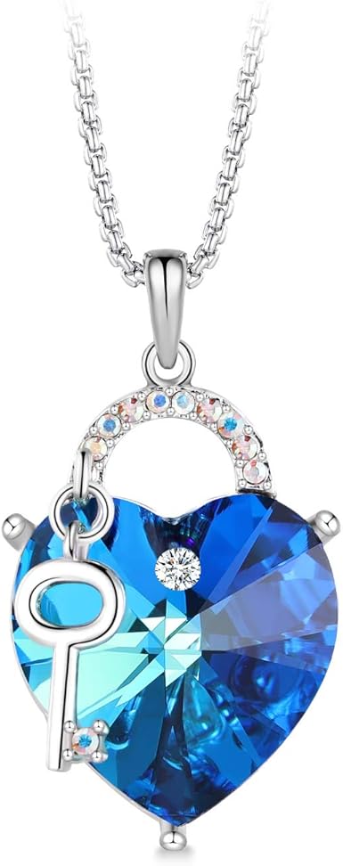 Amazon Com T400 Jewelers Lock And Key Heart Pendant Crystal Necklace Love Gift Nermuda Blue Clothing