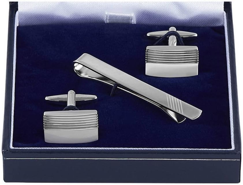 Orton West Mens Grill Texture Cufflinks and Tie Bar Set - Silver