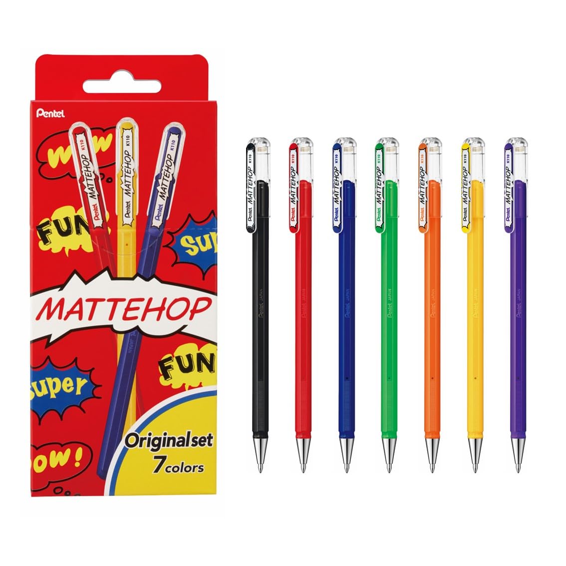 Pentel Mattehop 1.0mm Gel Roller 7pc Wallet - Original Colours
