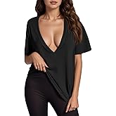LCXWFE Womens Deep V Neck Sexy Tops Summer Short Sleeve Slim T Shirts Solid Color Basic Tees