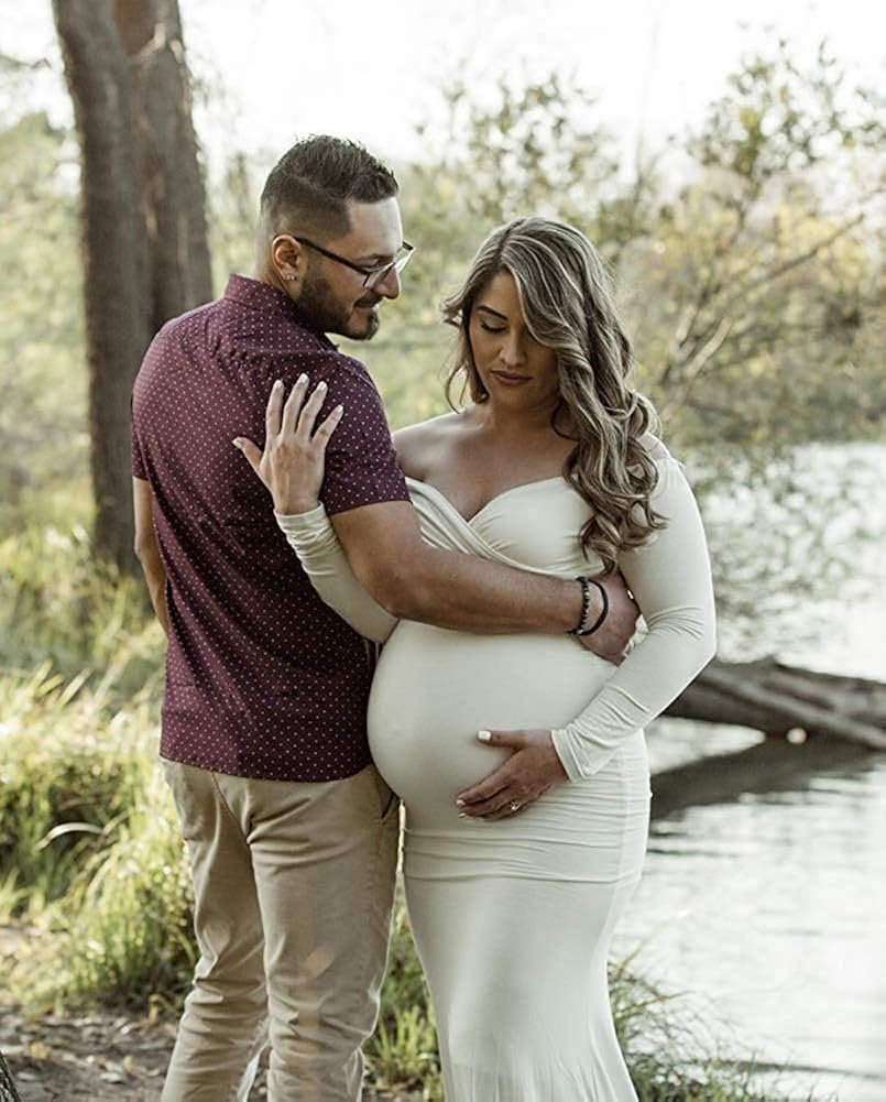 Saslax Maternity Elegant Fitted Maternity Gown Long Sleeve Slim Fit Maxi Photography Dress at  Women’s Clothing store