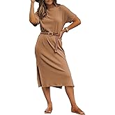 BLENCOT Womens Casual Summer Round Neck Midi Long Dress Short Sleeve Simple Side Split Solid Color Texture Beach Dress