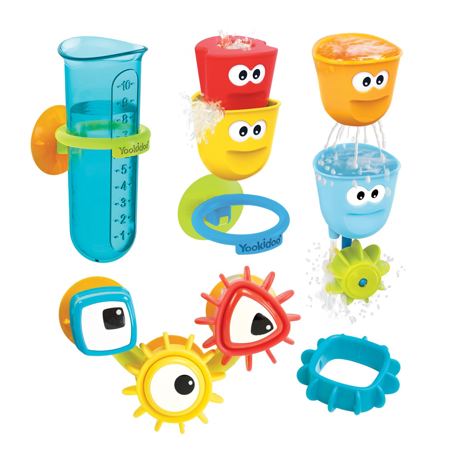 Yookidoo Kids Bath Toy - Cups ‘N’ Gears Water Set - Includes 3 interchangeable bath cups, Suction Cups, 3 Googly Eye Gears, and Pourers That Attaches to Any Size Tub