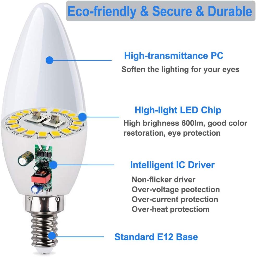 Vinaco Candelabra LED Bulbs Daylight, High Brightness 600LM and CRI90 E12 LED Bulb 6W (60W Equivalent) E12 Candelabra Base for Ceiling Fan Light Bulbs, LED Chandelier Light Bulbs, Pack of 6 - - 
