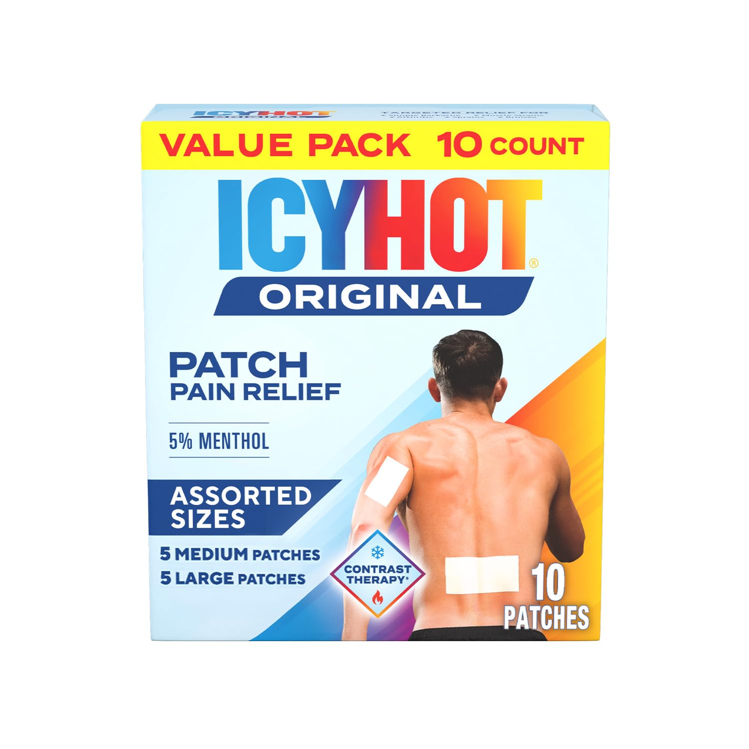 Icy Hot Original Pain Relief Patch Variety Pack with 5% Cooling Menthol for Fast-Acting Muscle and Joint Pain Relief, 5 Medium and 5 Large Comfortable Fabric Patches, 10 Ct.