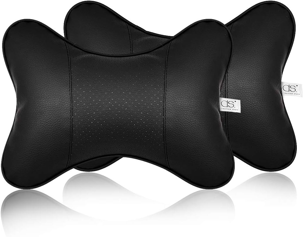 DSstyles 2 Pieces PU Leather Neck Pillow for Car Seat Headrest Cushion 28x18cm Car Neck Cushion (Black), Standard