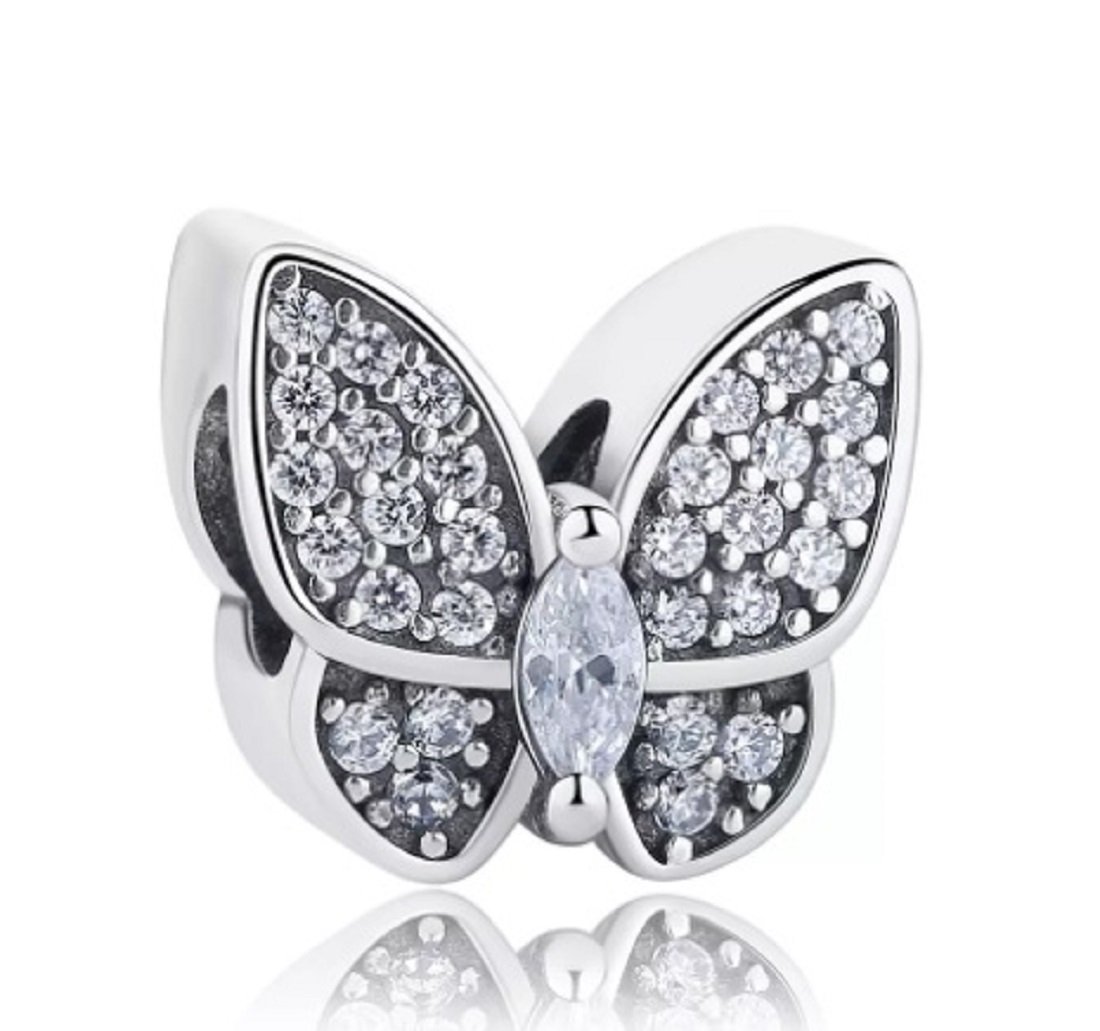 FeatherWish Sterling Silver 925 Butterfly Pendant Dangle Charm With Cubic Zirconia Fits And Compatible With Pandora And European Bracelet (Clear Bead)