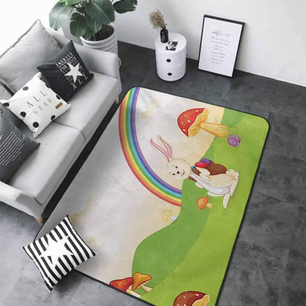Printed Mats for Children Bedroom Mushroom,Bunny with Easter Egg Under Rainbow Happy Rabbit in Nature Kids Theme Fun Design,Multicolor 36"x 60" Rugs for Living Room