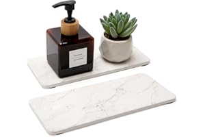 DECERAM 2 Pcs Water Absorbing Stone Drying Trays for Bathroom Sink Kitchen Counter Soap Dish Dispenser Sponge Holder White Ceramic Bathroom Vanity Quick Dry Stone Mat for Kitchen Sink Marble Diatomite Tray