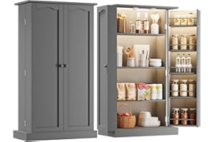 FJTJBSI 50" LED Kitchen Pantry Cabinet with 3 Adjustable Shelves and 2 Doors Wood Pantry Storage Cabinet with Handle for Kitchen Living Room and Dinning Room Grey