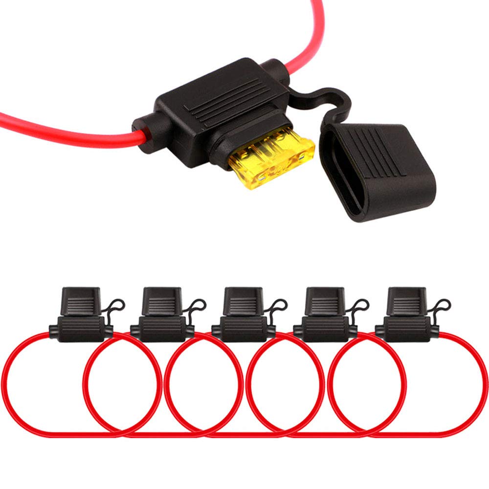 QitinDasen 5Pcs Premium 12V / 24V Medium In-Line Blade Fuse Holder, Car Waterproof Blade Fuse Holder with 16 AWG Wire Harness, Free 15Pcs Standard Blade Fuses, 5Pcs Wire Ties and 1Pcs Fuse Extractor
