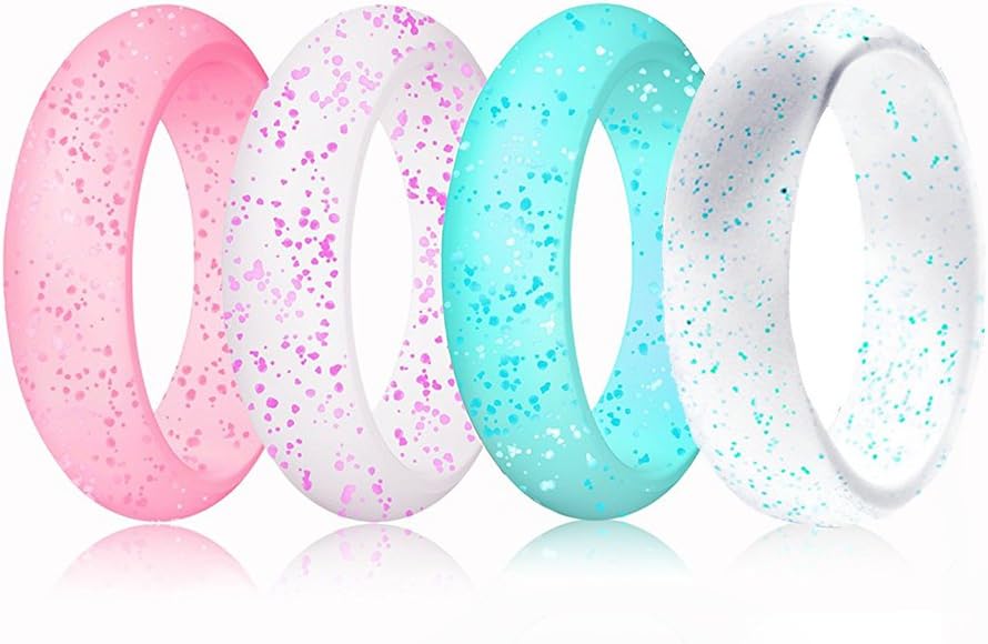 Phillppe Starck Silicone Ring Women - Premium Quality, Safety, Comfort - Ldeal for Gym, Pink with Glitter, Turquoise, White 5.7 mm wide 4 Pack