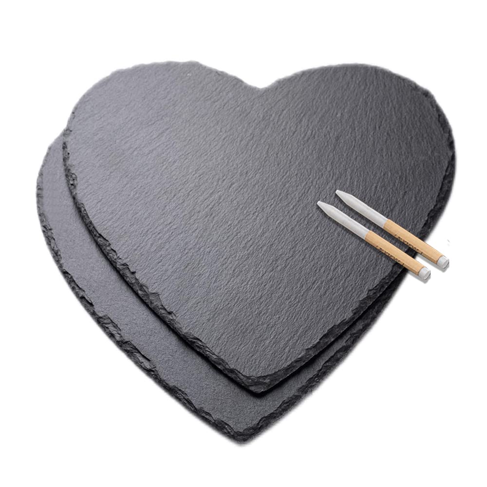 WLWNWFT Slate Serving Plate, Heart, Set of 2, Slate Heart, 25 cm with Chalk Pen, Slate Cheese Plate, Heart Plates, Ideal for Serving and Decoration