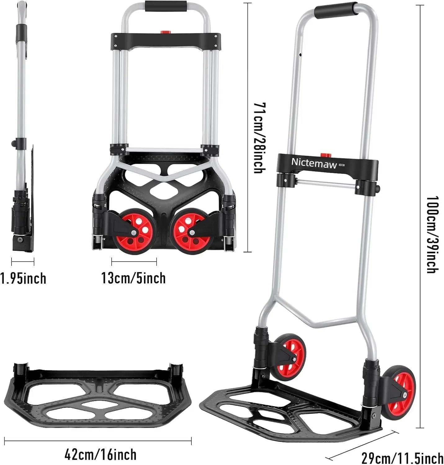 Nictemaw Carrello pieghevole in alluminio, manico telescopico 100 cm, uso industriale e domestico, capacità 100 kg, nero