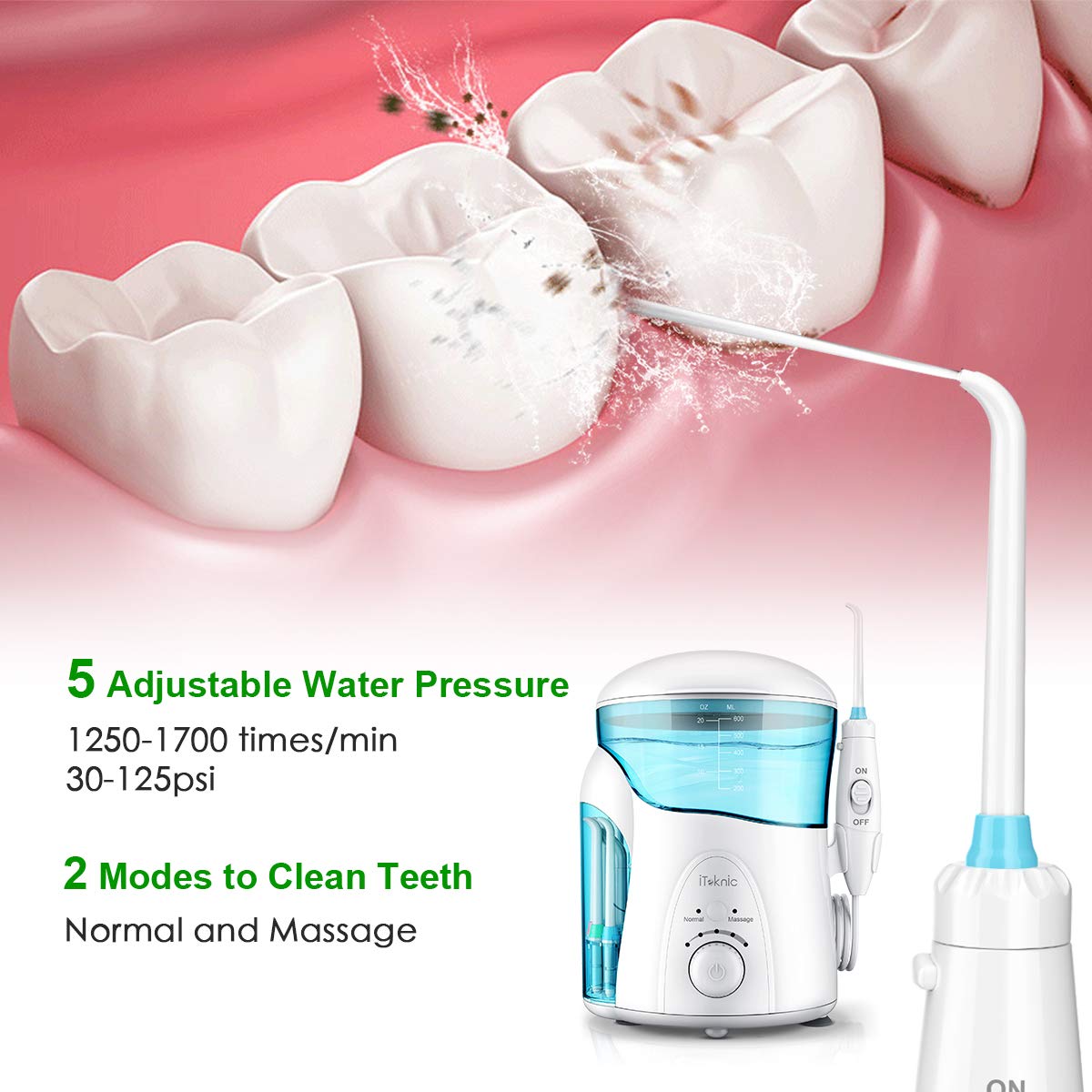 iTeknic Water Flosser UV Sterilizer Family Electric Dental Oral Water Irrigator for Teeth Clean with 2 Modes, 7 Jet Tips, 600ml Water Tank, 5 Adjustable Pressure