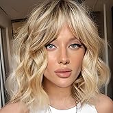 Getshow Short Light Blonde Bob Wigs for Women,Synthetic Wavy Curly Hair Wig with Bangs for Daily