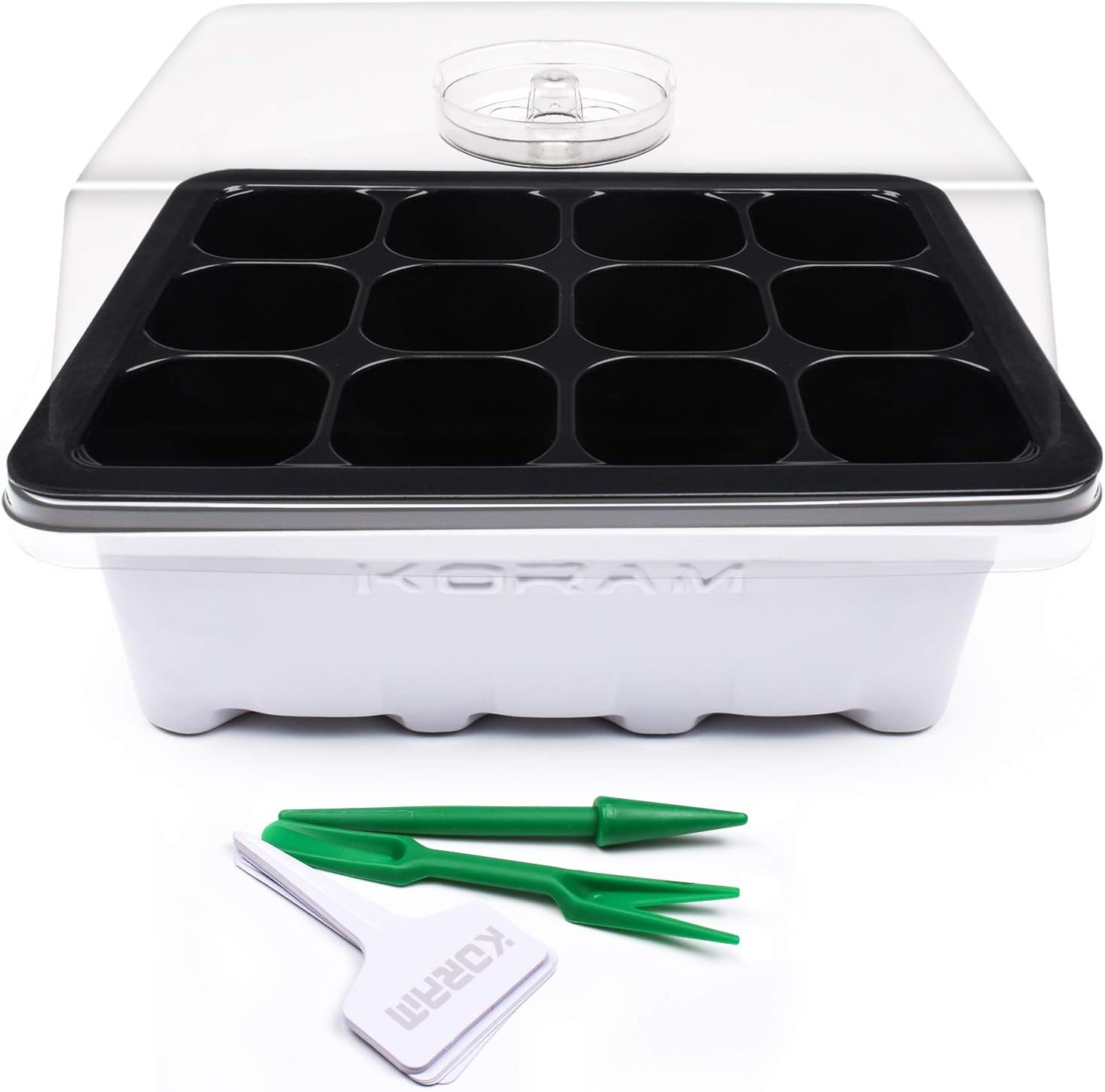Koram 10 Set Seed Tray Seedling Starter Trays Plant Grow Starting Germination Kit Greenhouse Grow Trays with Dome and Base 120 Cells, Plant Tags (10 Trays, 12 Cells Each) for Seedling, Flower, Garden